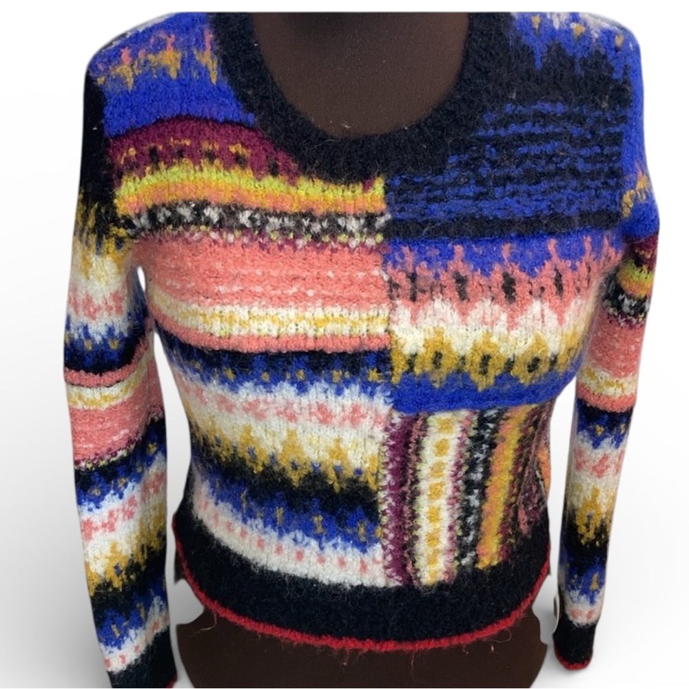 Free People Alpaca Blend Sweater Boho Chic Blue Pink Geome…